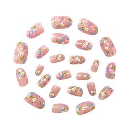 24 Pcs Daisy Press on Nails Short Almond Shaped Fake Nails Full Cover Pink White Blue Flower Designs False Nails Glossy Pink Acrylic Nails Stick on Nails for Women Girls Nail Accessories