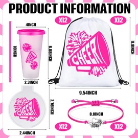 Zhehao 48 Pcs Cheer Gift Bulk for Team Cheerleading Gift Include 12 Plastic Cups with Lid and Straw, Drawstring Bags, Bracelets, Compact Mirrors for Women Party Supplies Banquet(Rose Red)