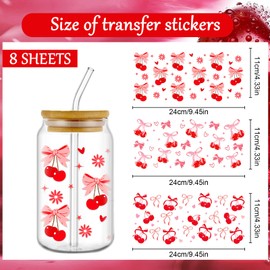 Rngmsi UV DTF Cup Wrap - 8 Sheets Coquete UV DTF Wraps for 16 oz, Pink Cherry Bow Aesthetic Uvdtf Stickers for Glass Cups Water Botters, Rub on Transfer Decals for Girls Women