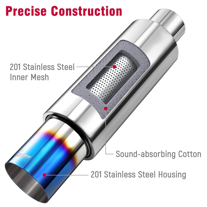 Upower Exhaust Muffler, Stainless Steel Exhaust Tip 18.5" Length 3"