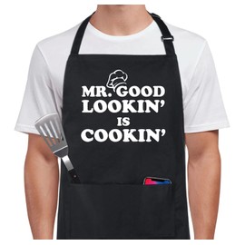 Xornis 100% Cotton Funny Aprons for Men Mr. Good Looking is Cooking Kitchen Grill BBQ Adjustable Bib Aprons with 2 Pockets Gifts for Dad Father's Day Birthday Anniversary