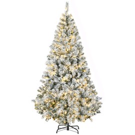 HOMCOM 6ft Tall Prelit Artificial Christmas Tree Holiday Décor with 638 Snow Flocked Branches, 220 Warm White LED Lights, Auto Open, Green