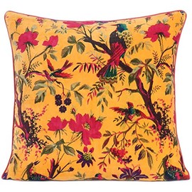 Eyes of India Velvet Floral Flower Bird Throw Pillow Sofa Cushion Cover Case Couch Colorful Boho Chic Bohemian Accent Indian Handmade (Yellow, 20" x 12")