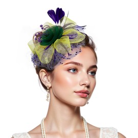 Zando 2025 Kentucky Hats Derby Fascinators for Women 20s 50s Headpiece Flower Fascinator Hat for Wedding Cocktail Tea Party Vintage Feathers Hair Clip Headband 02 Yellow & Green & Purple One Size