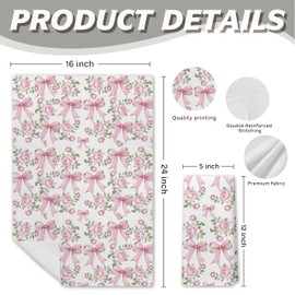 PIUD Pink Rose Floral Kitchen Towels, Coquette Pink Bow Preppy Hand Towels for Bathroom, Grandmillenial Pink Dish Towels Tea Towels for Kitchen, Pink Coquette Bathroom Kitchen Decor, 16x24 Inch
