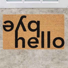mDesign Non-Slip Coir and Rubber Hello/Bye Farmhouse Doormat - Natural Fiber Rug for Indoor Entry or Outdoor Use in All Weather - Heavy Hello Welcome Mat for Door - 17" x 30" - Natural/Black