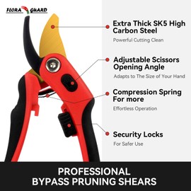 FLORA GUARD Heavy Duty Bypass Pruning Shears, Tree Trimmers & Garden Clippers with Ergonomic Handle, Ideal Hand Pruners for Gardening, Shrubs & Branch Cutting.（HC202）