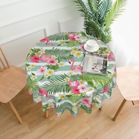 FlamingoTablecloth Tropical Palm Leaves and Flowers Round Table Cloths Summer Turquoise White Stripes Circular Table Cover Washable Polyester Tabletop for Dining Kitchen Picnic Party Decor 60 Inch