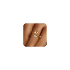 Fezodo Initial Rings for Women Girls Non Tarnish - 18K Gold Plated Letter M Initial Ring for Teen Girl Gifts,Adjustable Heart CZ Gold Rings for 5 6 7 8 9 10 Year Old Girl Gifts