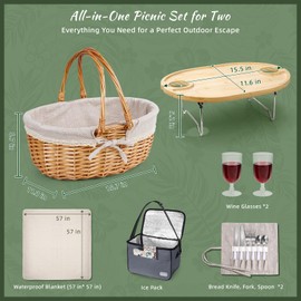 Picnic Basket for 2 with Table and Blanket, Collapsible Cooler Bag Insulated, Picnic Set for Beach, Picnic Hamper, Picnic Date Essentials for Outdoor, Picnic Accessories, Wedding
