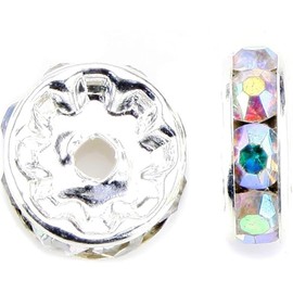 YouLuo 100Pcs Rondelle Spacer Beads Round Czech Rhinestone Crystal Charm Loose Spacer Beads Silver Plated for Jewelry Making Supplies DIY Bracelet Necklace (AB Crystal, 4mm)