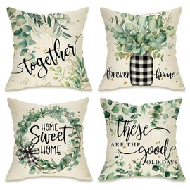 HAIRUO Set of 4 Green Leaves Throw Pillow Cover,18X18 Inch Sofa Green Leaf Plant Pattern Couch Bed Cushion Pillow Case Home Decor Linen Leaves Throw Pillow Cover Set