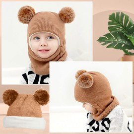 BBXWANG Baby Winter Hat Scarf Set, Unisex Todders Winter Beanie Hat, Fleece Lined Cute Double Ball Design for 2-7 Ages Baby Kids Brown