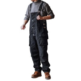 Dcincell Men's Bib Overalls Loose Fit Canvas Coveralls Workwear Dungarees Jumpsuit with Flap Cargo Pockets, Black, 32