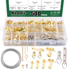 Keadic 500 Pieces Quality Picture Hanging Hardware Assortment Kit, Including Heavy Duty Frame Hooks with Nails, D Rings, Wires, Sawtooth Hangers and Extra Storage Box, for Wall Mounting