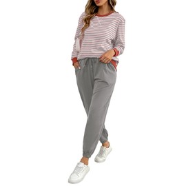 FIOPHY Women's Cozy 2 Piece Outfits Lounge Sets Striped Color Block Long Sleeve Tops Jogger Sweatpants Sweats Track Suits Set Grey&Pink L