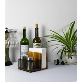 Rustic Burnt Wood Napkin Holder with Black Metal Mesh Spice Rack – 2-in-1 Farmhouse Style Napkin and Condiment Organizer for Kitchen or Restaurant, 5.5” x 6.5” x 5”