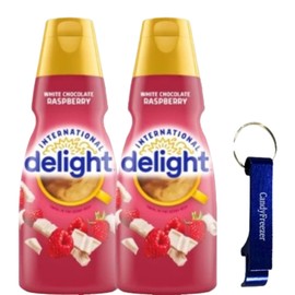 International-Delight Liquid Coffee Creamer.- Two (2) 32 fl oz Bottles of Smooth & Creamy Delightful Coffee Creamer and Candy Freezer Bottle Opener Keychain (White Chocolate Raspberry) - Keychain