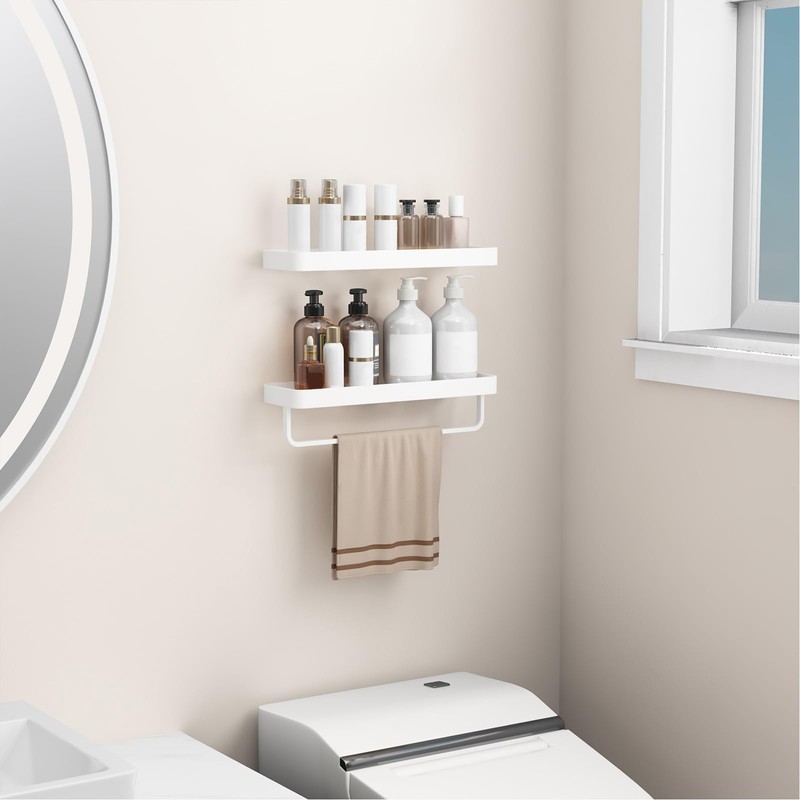 Danpoo 16-Inch White Floating Bathroom Shelves with Towel Bar， Clear
