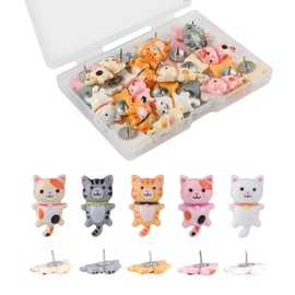 Pack of 50 Cat Pins for Cork Board, Cute Animals Plastic Pins, Push Pins Thumbtacks, Decorative Pins for Bulletin Board, Wall, Office, School, Home Use (5 Colours)