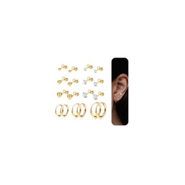 YADOCA 9 Pairs Earrings Set, 316L Surgical Steel Earrings, Hypoallergenic, 14K Gold Plated, Cubic Zirconia, Round Stud Earrings, Cartilage Huggie Hoop Earrings, Stainless Steel