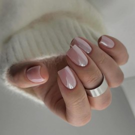 24 Pcs Press on Nails Short Square, Full Cover Glossy Nude Pink Fake Nails Square Shaped Acrylic Nails Reusable Design False Nails Artificial on Nails for Women and Girls 24Pcs