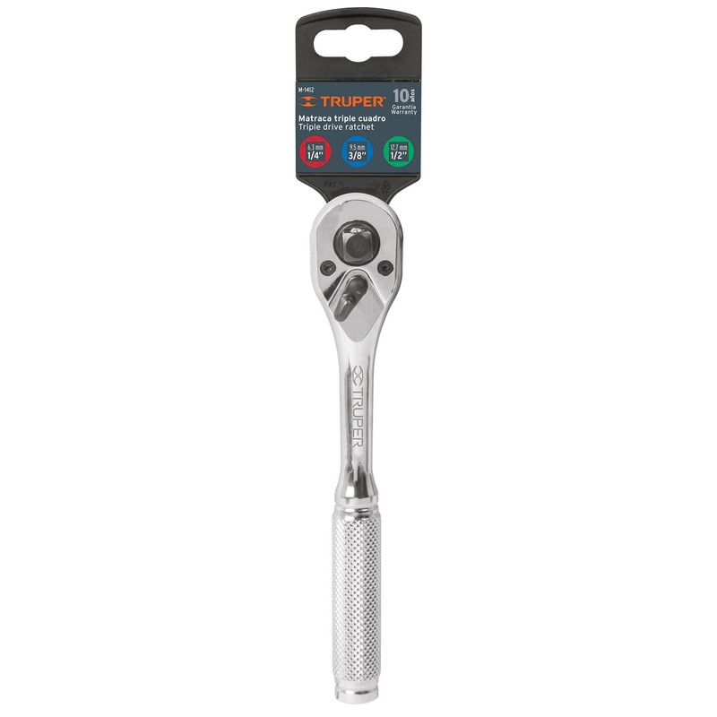 Truper M-1412, Matraca triple, cuadro 1/4", 3/8" y 1/2"