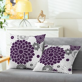 CaliTime Throw Pillow Cases Pack of 2 Cozy Fleece Blooming Dahlia Floral Flowers Decorative Cushion Covers for Couch Bed Sofa Farmhouse Decoration 20 X 20 Inches Deep Purple Grey