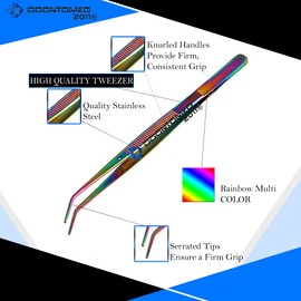 OdontoMed2011 Multi Rainbow Color Stainless Steel Tweezers – Heavy Pattern Precision Grade Curved Tip Forceps Tweezers with Serrated Tip and Knurled Handle