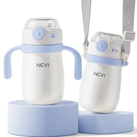 NCVI Kids Stainless Steel Straw Cup for Toddler 1-3 Years Old, Training Tumbler with Straw Spill Proof with Handle, Insulated Bottle to Keep Cold Warm for Water/Milk/Drink, Blue 10floz