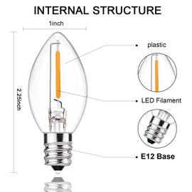 Konictom C7 LED Replacement Bulbs,25 Pack 0.6W C7 LED Christmas Lights Bulbs for String Lights,E12 Base,Warm White 2700K Waterproof Vintage Clear Bulbs for Night Light Candles Garden,Christmas
