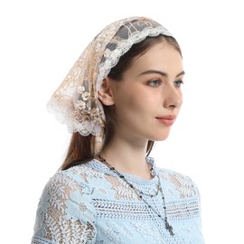Mantveil Short Gold Embroidered Daisy Lace Chapel Veil Mantilla Triangle Veils for Church Catholic Mass Prayer Head Covering for Women