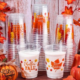 100 Pcs 12 oz Thanksgiving Disposable Cups Autumn Clear Plastic Cups Tumblers Disposable Wine Glasses Plastic Glasses Wedding Cups for Liquor Coffee Juice (Maple)