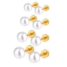 4 Pairs Shell Pearl Studs Earrings for Women Stainless Steel 14K Gold Plated Hypoallergenic Dainty Faux Pearls Tiny Stud Cartilage Tragus Flat Back Post Piercing Christmas Birthday Jewelry Gifts