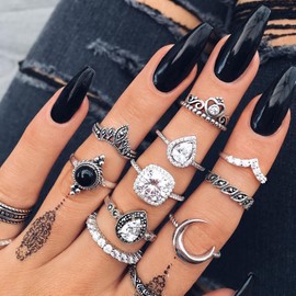 RINHOO FRIENDSHIP Silver Knuckle Rings Set for Women Vintage Finger Stacking Boho Midi Ring (11Pcs Mixed 2)