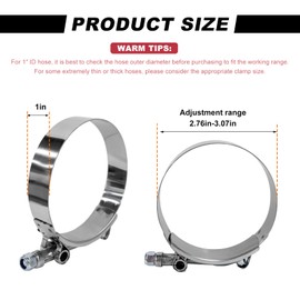 JUSTTOP 2PCS 2.5 Inch T-Bolt Hose Clamp, Adjustable 70-78mm Clamp Range for 2.5" Hose ID, Stainless Steel Heavy Duty Pipe Clamps for Turbo Intake Intercooler, Car Accessories