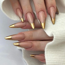 Gold Nails French Tip -24PCS False Nails with Glue - Press on nails Almond - Strong Fake Nails Long - Nude Stick on nails - Full Cover Nail Tips and Glue for Women French Manicure