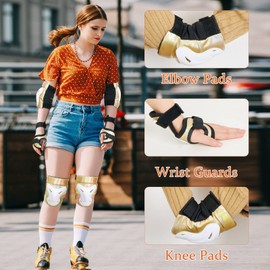 Bienbee Knee Pads for Women, Knee Pads Wrist Guard Knee and Elbow Pads Adult Protective Gear Set for Skateboard, Roller Skating, for Women Men Youth Adult Kids,Laser Gold M