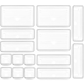 15 PCS Clear Plastic Drawer Organizer Set, 3 Sizes Desk Drawer Divider Organizers and Storage Bins for Makeup, Jewelry, Gadgets for Kitchen, Bedroom, Bathroom, Office