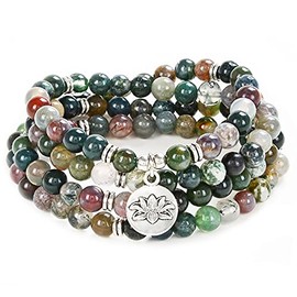 108 Bead Mala Bracelet with Lotus Charm and 6mm Small Stone Beads (Indian Agate)