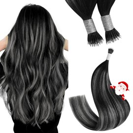 YoungSee Nano Hair Extensions Real Human Hair Black Ombre Real Hair Extensions Nano Beads Ombre Black to Silver Remy Nano Ring Hair Extensions Silver Nano Link Extensions Cold Fusion 1g/s 50g 16inch