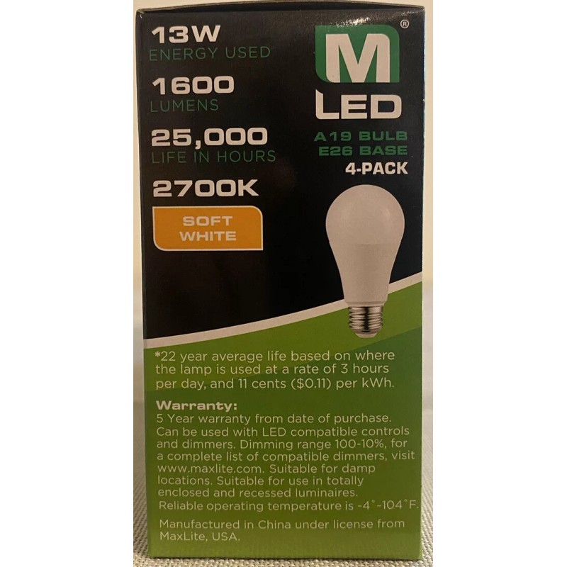 MaxLite E15A19D50/4P A19 100W Soft white 2700K Dimmable LED Bulbs