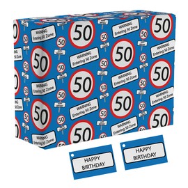 Hunts England - 2 Sheets Of Humorous 50th Birthday Luxury Wrapping Paper - Blue - Includes 2 Gift Tags - Age 50 Folded Gift Wrap For Him/Her - Road Sign Collection - Age Fifty Gift Wrap