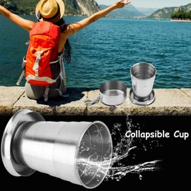 Silver Portable Outdoor Tumbler Stainless Steel Collapsible Folding Cup Mini Lightweight Reusable Mugs with Key Chain for Traveling Camping(60ml)