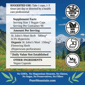 Pure Mountain Botanicals St. John's Wort Capsules with 450mg Formula of Organic Herb and St John's Wort Extract Supplement