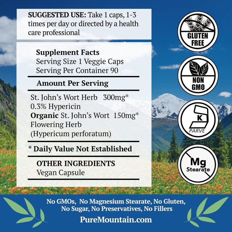 Pure Mountain Botanicals St. John's Wort Capsules with 450mg Formula