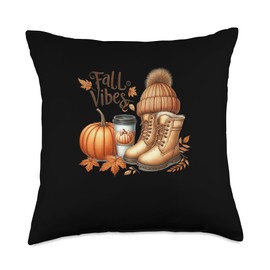 Beanie Boots Pumpkin Coffee Fall Vibes Autumn Thanksgiving Throw Pillow
