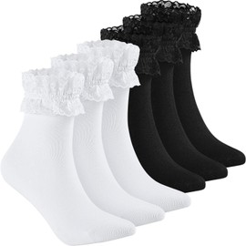 SATINIOR 6 Pairs Ruffle Socks Lace Ruffle Socks Women, white black