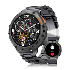 HWWrist Smart Watches for Men with Flashlight(Answer/Make Calls),1,43" AMOLED Military Rugged Tactical Smartwatch,5ATM Waterproof/Heart Rate Monitor/Fitness Tracker for iOS Android,3-Bead