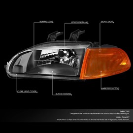Auto Dynasty Halogen Model Factory Style Headlight Lamps Compatible with Honda Civic Coupe Hatchback 1992-1995, Driver and Passenger Side, Black Housing Amber Corner